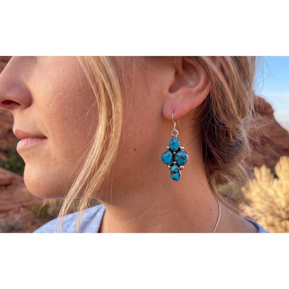 Navajo Earrings Kingman Turquoise Dangle Southwest Boho Signed Jul Etsitty ***